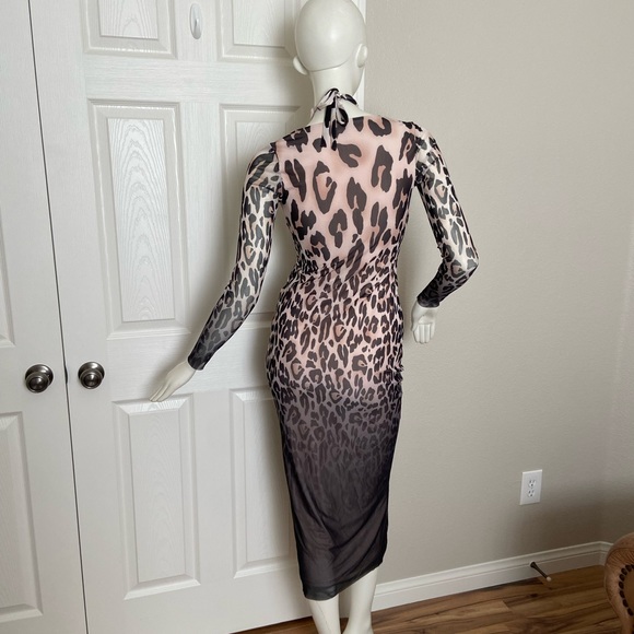 AFRM Leopard Print Mesh Midi Dress in Brown and Cream mob wife Y2K vixen - Picture 9 of 12